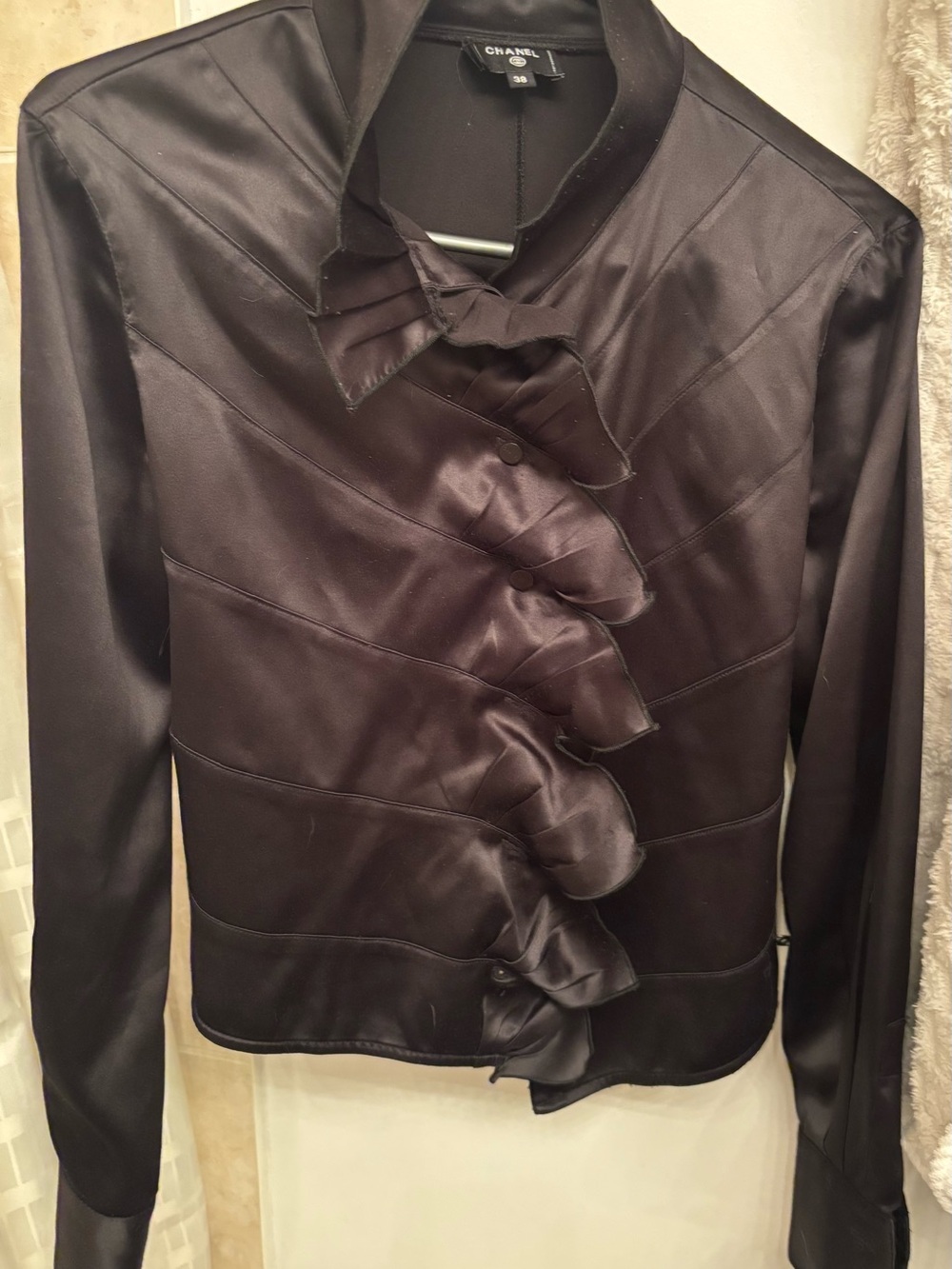 CHANEL Black Satin Ruffle-Front Blouse